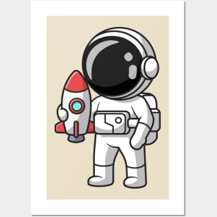 Cute Astronaut Holding Mini Rocket Cartoon Posters and Art